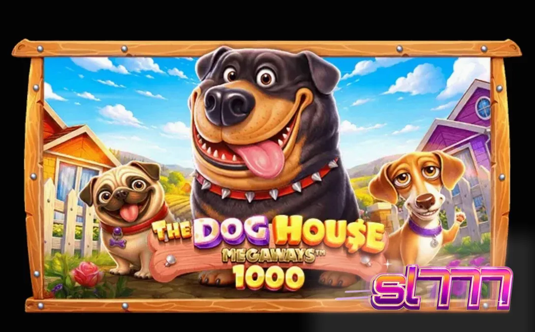 Tampilan visual slot The Dog House Megaways 1000 dengan karakter anjing yang ceria